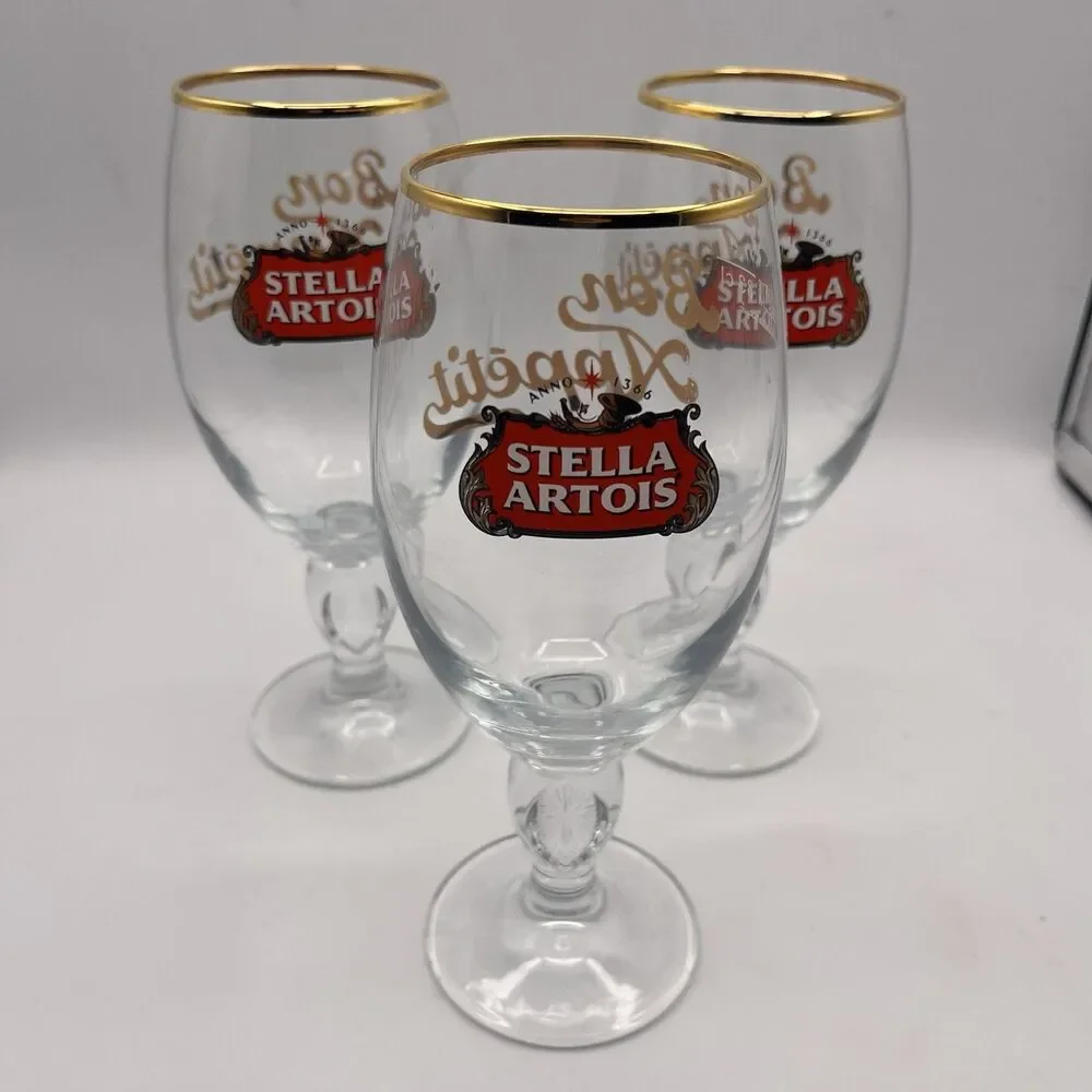 Stella Artois Gold Rim Belgium Chalice .33cl Beer Glasses - Set of 3